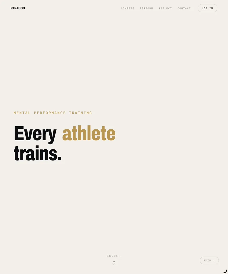 Scrolling the Paraggo homepage: staged statements about mental performance training descend from a light hero into dark sections.