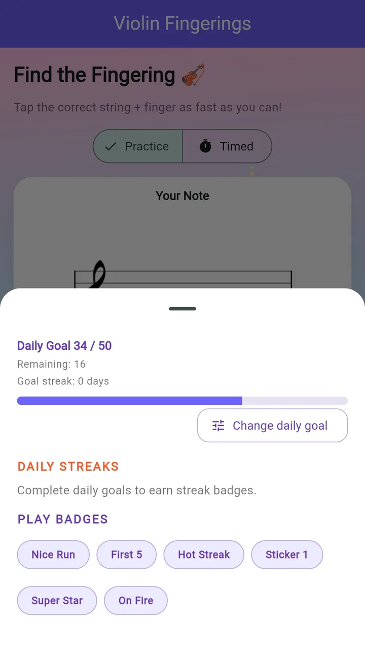 Daily goal screen in Violin Fingering Trainer: progress toward a fifty-note goal, daily streaks, and earnable play badges.