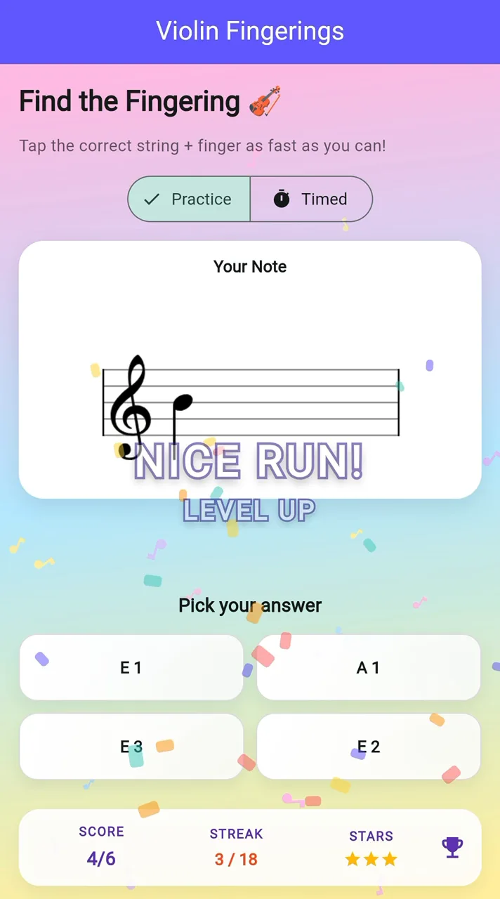 Violin Fingering Trainer gameplay: a note appears on the staff, answers are tapped, and correct picks end in a level-up celebration with confetti.