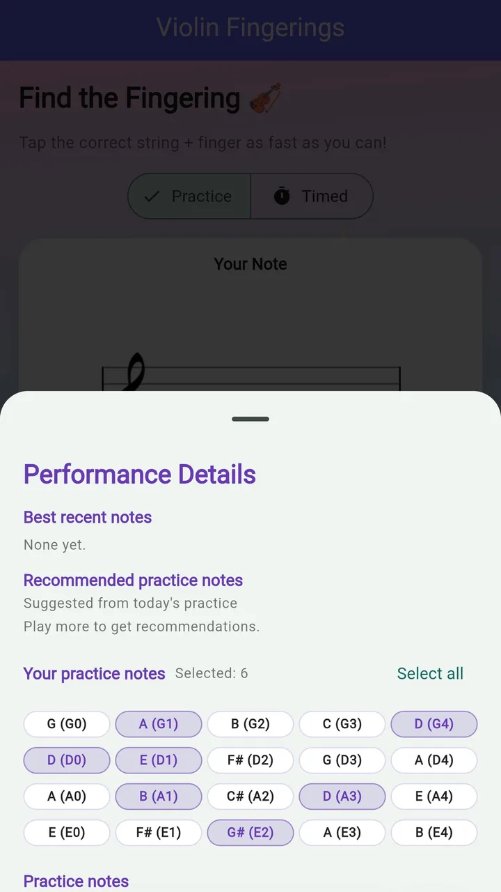 Performance details screen in Violin Fingering Trainer: recommended practice notes and a grid of selectable note names.